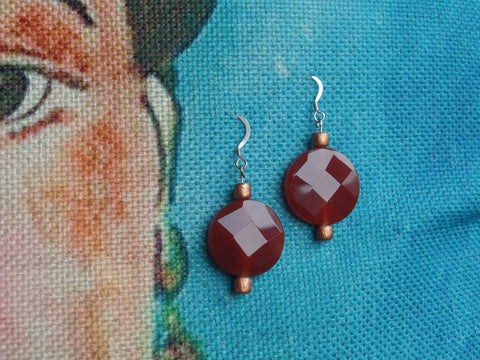 Bronze 3/4" Glass Patterned Rounds w/copper accents on Sterling Silver Ear Wire.