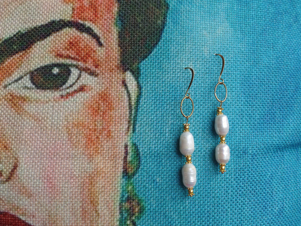 White Rice Pearl w/gold accents on Gold Ear Wire