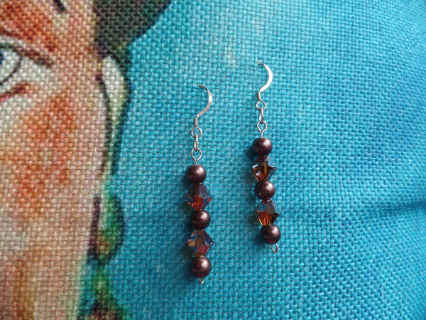 Brown Rounds w/Brown Swarovski Bicone beads on Sterling Silver Ear Wire (1-1/2")