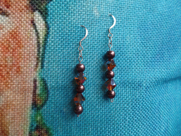 Brown Rounds w/Brown Swarovski Bicone beads on Sterling Silver Ear Wire (1-1/2")