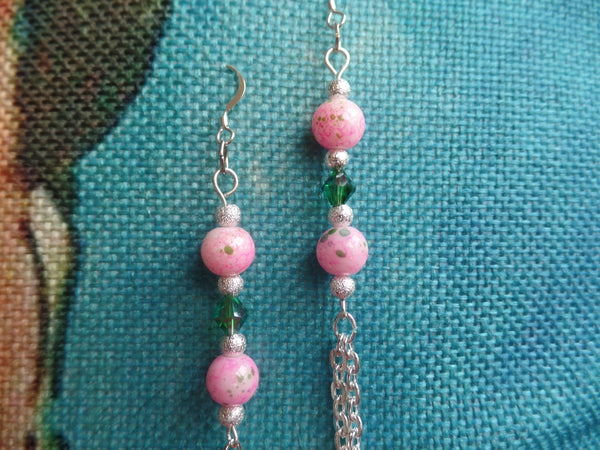 Hot Pink Rounds, Green Glass Bicones, Silver Links w/silver accent beads on Sterling Silver Ear Wire.