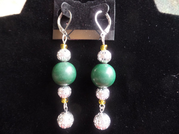 Green Acrylic Rounds w/silver & gold round accents on Sterling Silver Ear Wire.