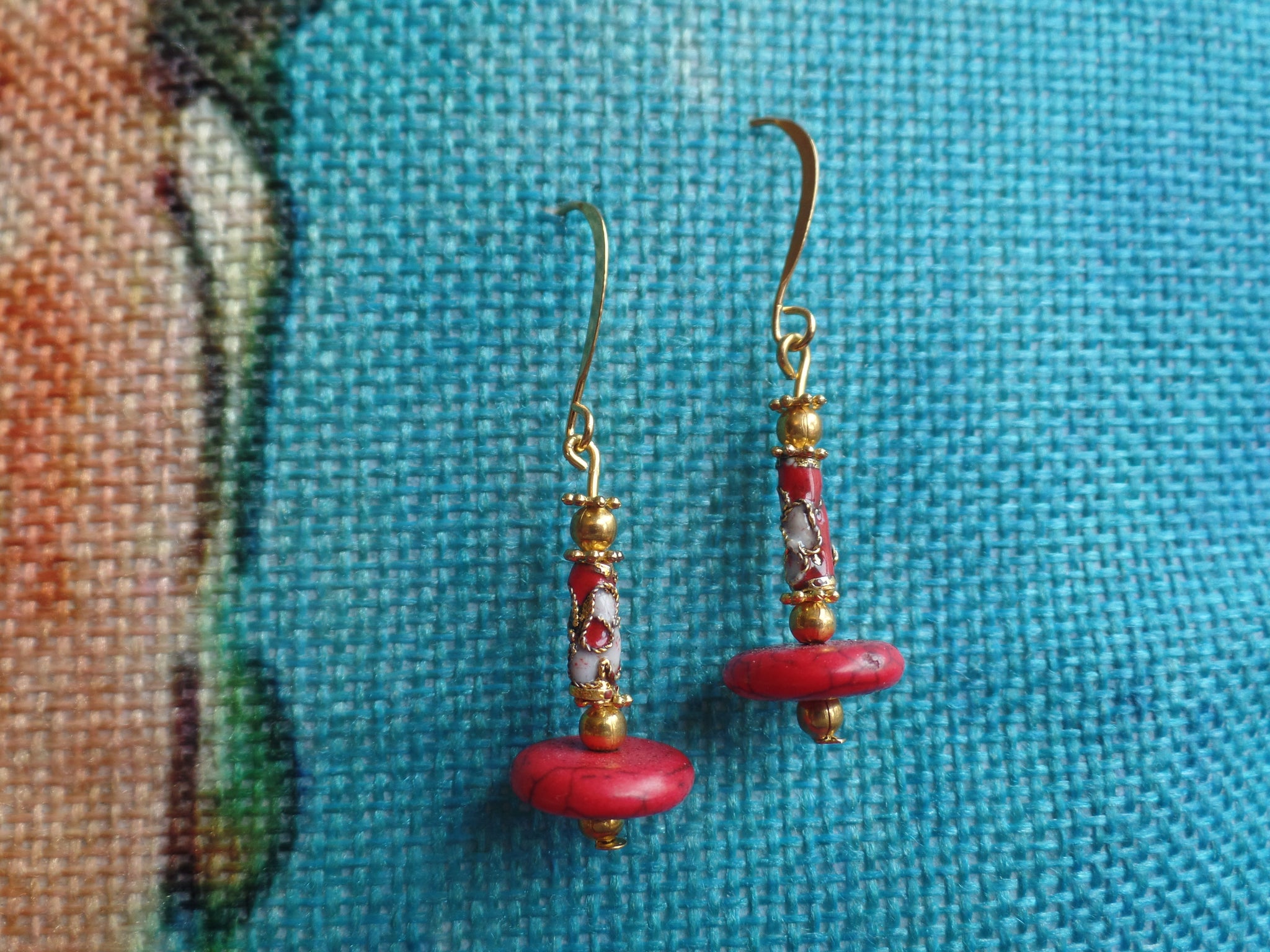 Red Enameled Glass w/Red Acrylic Disc on Gold Ear Wire