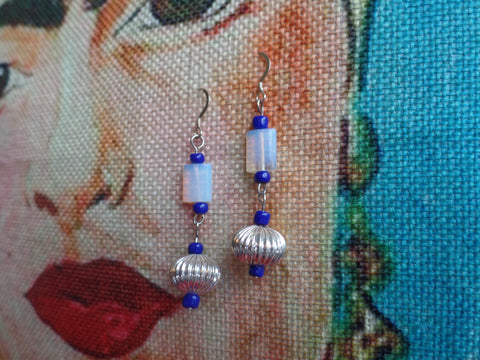 White Translucent Square Glass & Silver Round w/Blue Accent beads on Sterling Silver Ear Wire