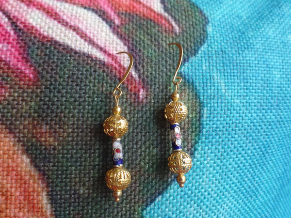 Blue Enameled Glass w/Gold Rounds on Gold Ear Wire