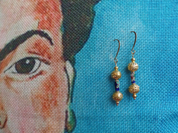 Blue Enameled Glass w/Gold Rounds on Gold Ear Wire