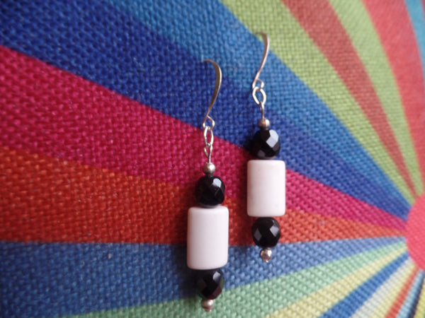 White Acrylic Pillows w/Black Glass accents on Sterling Silver Ear Wire