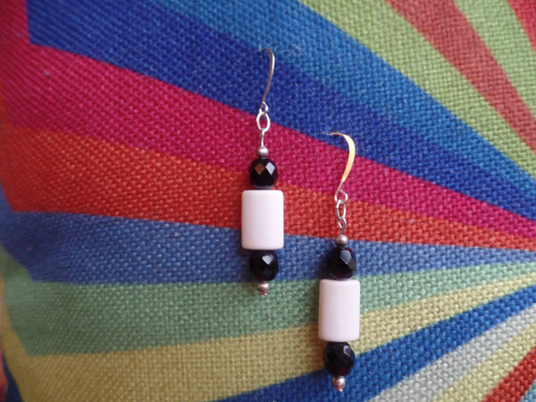 White Acrylic Pillows w/Black Glass accents on Sterling Silver Ear Wire