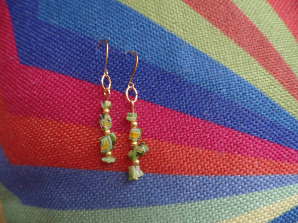 Light Green Hippie Rock Glass w/Gold accents on Gold Ear Wire