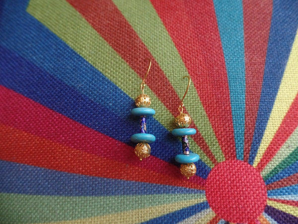 Blue Enameled Glass & Turquoise Acrylic Discs w/Gold Round accents on Gold Ear Wire
