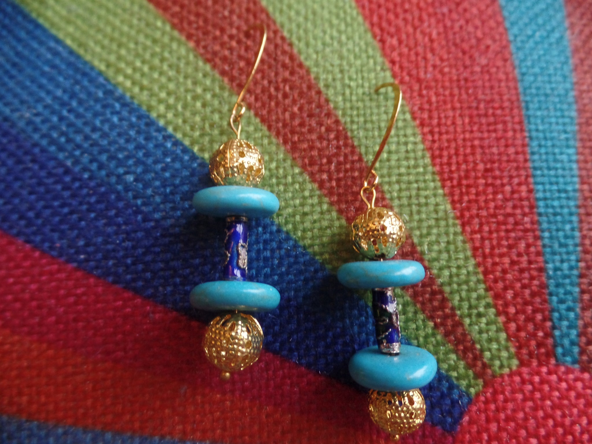 Blue Enameled Glass & Turquoise Acrylic Discs w/Gold Round accents on Gold Ear Wire