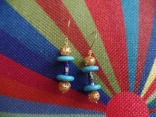 Blue Enameled Glass & Turquoise Acrylic Discs w/Gold Round accents on Gold Ear Wire