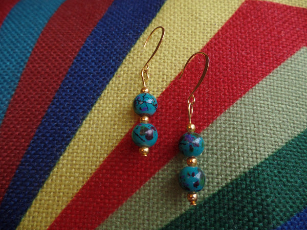 Turquoise & Purple Round Glass w/Gold accents beads on Gold Ear Wire