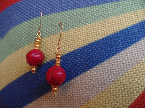 Imprinted Red Acrylic Rounds w/Gold accents on Gold Ear Wire