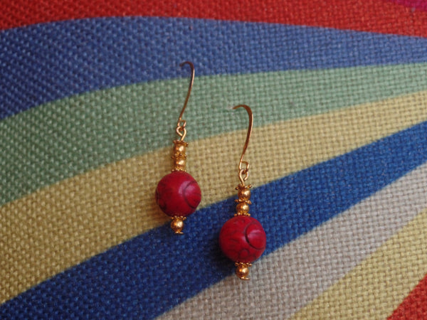 Imprinted Red Acrylic Rounds w/Gold accents on Gold Ear Wire