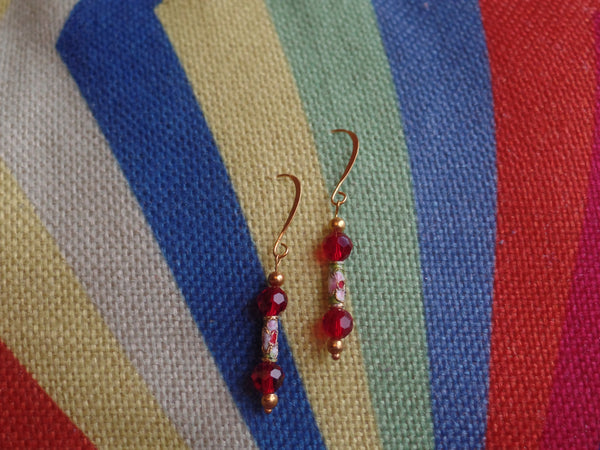 Red Round Glass w/Enameled Glass on Gold Ear Wire