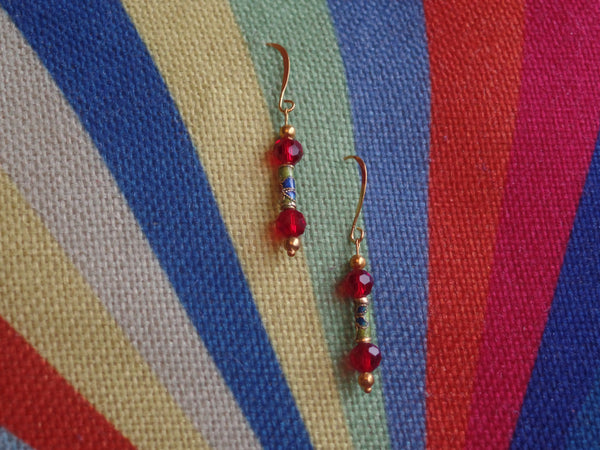 Red Round Glass w/Enameled Glass on Gold Ear Wire