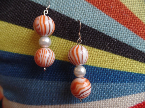 60's Orange/Brown/Ivory Acrylic Rounds w/Glass Pearl Round accents on Sterling Silver Ear Wire