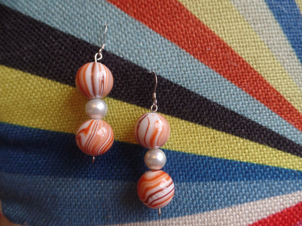 60's Orange/Brown/Ivory Acrylic Rounds w/Glass Pearl Round accents on Sterling Silver Ear Wire
