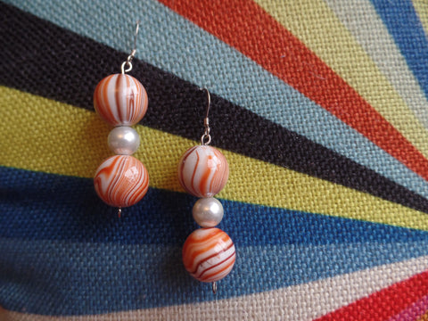 60's Orange/Brown/Ivory Acrylic Rounds w/Glass Pearl Round accents on Sterling Silver Ear Wire