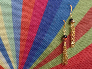 Black Round Glass beads & Multicolored accents w/3 Gold Strands on Gold Ear Wire