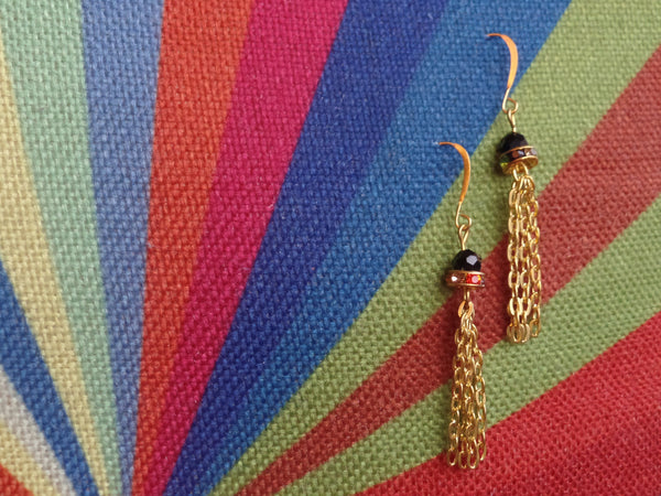 Black Round Glass beads & Multicolored accents w/3 Gold Strands on Gold Ear Wire