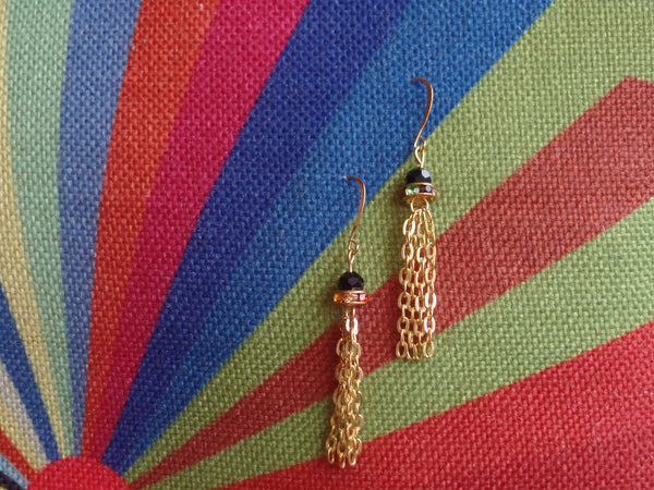Black Round Glass beads & Multicolored accents w/3 Gold Strands on Gold Ear Wire
