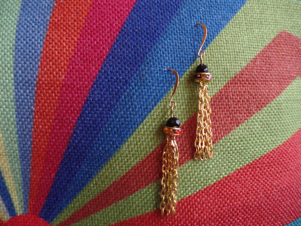 Black Round Glass beads & Multicolored accents w/3 Gold Strands on Gold Ear Wire