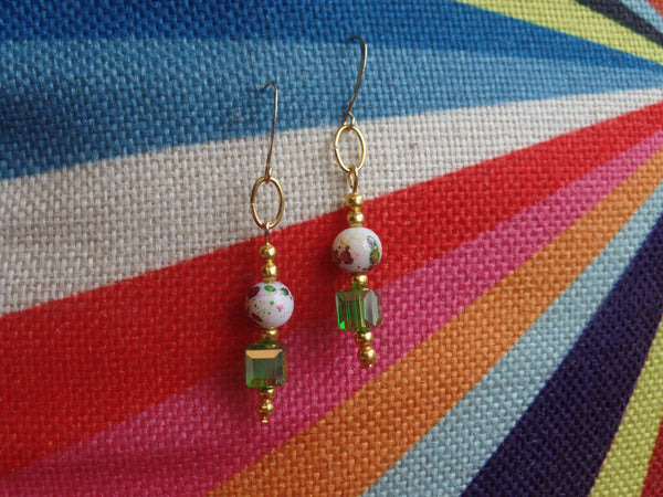 Iridescent Green Swarovski Cubes & Purple/Green Splash on White Glass Rounds on Gold Ear Wire