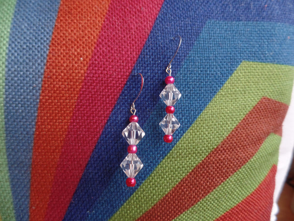 Clear Bicones w/Hot Pink accents on Sterling Silver Ear Wire