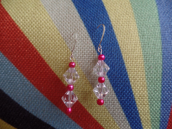 Clear Bicones w/Hot Pink accents on Sterling Silver Ear Wire