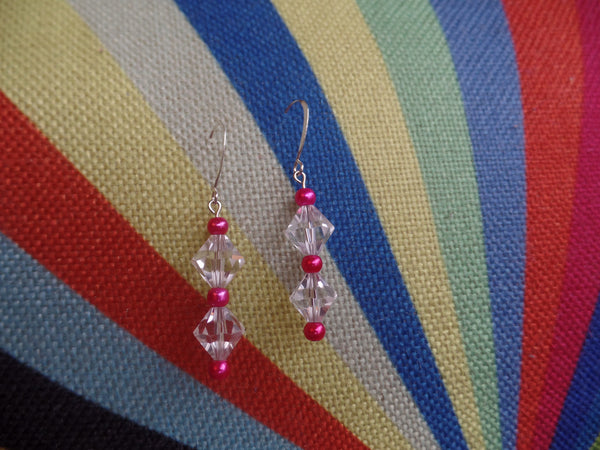 Clear Bicones w/Hot Pink accents on Sterling Silver Ear Wire