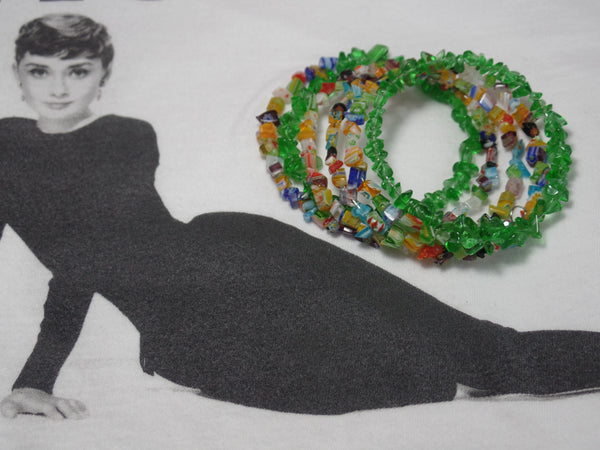 Green rock glass, green & multicolored medley on memory wire.